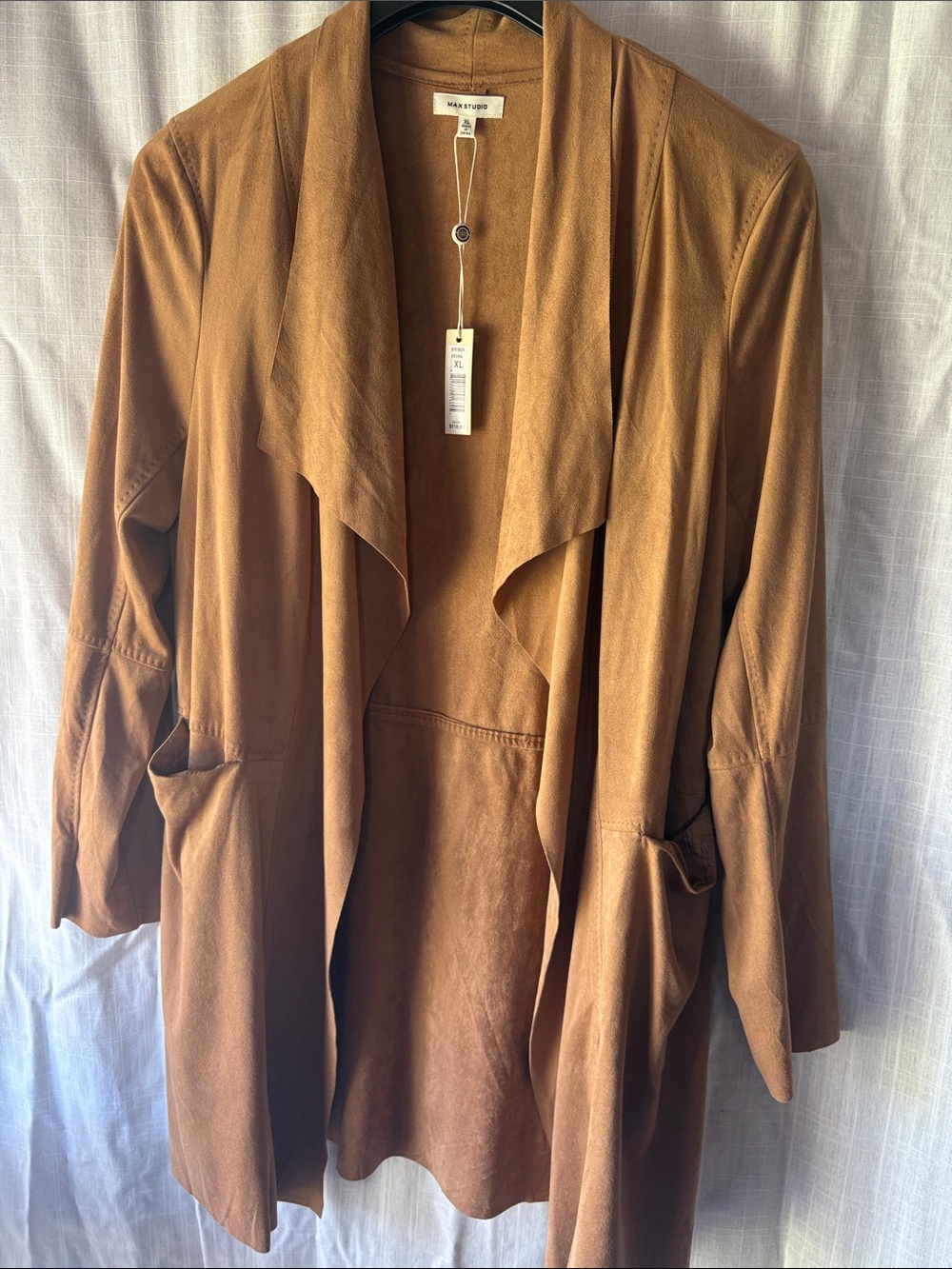 Max Studio Camel Faux Suede Open-Front Draped Trench Coat - Picture 7 of 10